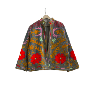 Veste Suzani artisanale réversible en velours gris ardoise, brodée à la main, avec broderie florale en tissu satiné, style Jaipur, pour l'été - Product Image 4