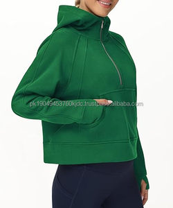 Sweats à capuche pour femmes demi-fermeture éclair à manches longues polaire pull court sweats avec poches trou pour le pouce - Product Image 6