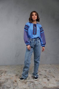 Ukrainien bleu coton lin avec broderie robe à manches longues pour les femmes élégant longue robe en plein air décontracté robe pour les femmes - Product Image 4