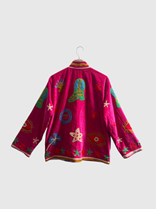 Veste en velours rose brodée, col mandarin, manches longues, motif artisanal, pour femme adulte, tenue d'automne - Product Image 2