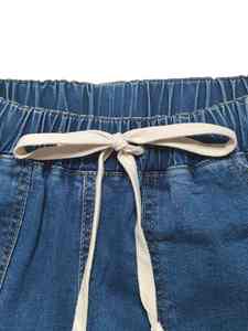 Women's Breathable Cotton Denim Mid-<b>Waist</b> Tapered <b>Jeans</b> Plain Dyed Flat Front with Drawstring <b>Elastic</b> Casual Style PCS-R-129 - Product Image 6
