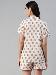 Conjunto de Pijamas de Algodón con Estampado Floral para Mujer, Diseño ODM, para Primavera, Verano, Otoño e Invierno, Cuello en V, Manga Corta, Cierre de Botones, Ropa de Dormir Informal - Product Image 4