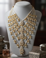 Collier traditionnel antique à trois rangs en or poli, magnifiquement conçu dans un design élégant, parfait pour les femmes indiennes.