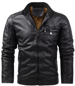 Chaqueta de Cuero Sintético Negra para Hombre con Cuello Alto, Forro Afelpado y Diseño Multibolsillos Transpirable en la Parte Delantera - Product Image 1
