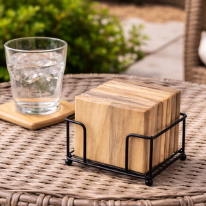Solid wood <b>coaster</b> set Acacia wood <b>coasters</b> Wooden <b>coasters</b> with metal holder <b>Gold</b> metal <b>coaster</b> holder Rustic wooden <b>coaster</b> - Product Image 1