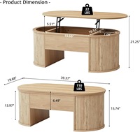 Table basse relevable ovale en chêne naturel rainuré, design japonais moderne, extensible, pour salon – Meuble de salon dissimulé – Ventes flash
