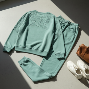 Conjunto Deportivo Personalizado de Felpa Francesa Gruesa con Estampado Lavado Ácido para Hombre, Sudadera con Capucha y Pantalones Jogger en Verde Menta Suave con Bordado Tonal - Product Image 6