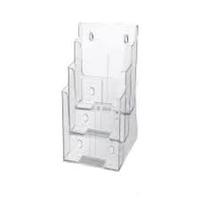 Étagère autoportante moderne en verre acrylique transparent avec options de design personnalisables pour un présentoir élégant de brochures et de prospectus