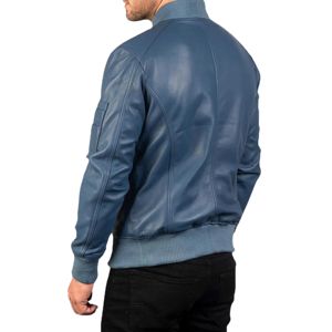 Chaqueta de Cuero Azul Personalizable de Alta Calidad para Invierno, Chaqueta Elegante con Cuello Alto de Lona, Servicios Profesionales OEM para Hombre - Product Image 3
