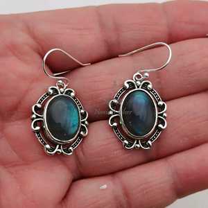 925 Sterling <b>Silver</b> <b>Dangle</b> <b>Earrings</b> with Natural Labradorite Oval Gemstone Handmade Boho Birthstone Jewelry Gold Material - Product Image 3