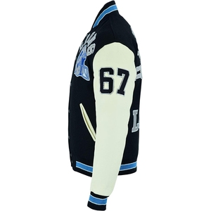 Black Wool Bomber Varsity Jacket With <b>Real</b> Leather Sleeves BIG DISCOUNT - Product Image 4