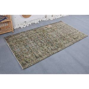 Alfombra Vintage de Lana de Origen Turco, Ecológica, de Pelo Medio, Verde Beige, Diseño Clásico de Patchwork, Hecha a Mano, Rectangular, para Pasillo - Product Image 3