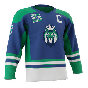 Maillot de hockey sur glace personnalisé en sergé bleu, vêtement de sport en polyester tendance, logo d'équipe, rayures sublimées, uniforme adulte anti-UV à séchage rapide - Product Image 3