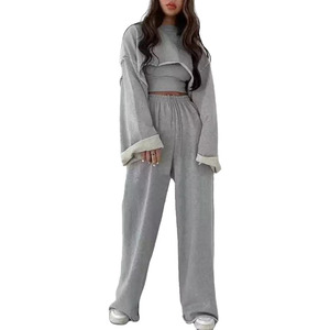 ชุดวอร์ม2ชิ้นกางเกงขากว้างและเสื้อครอปสำหรับผู้หญิงชุดวอร์มทรงหลวมแบบลำลองทันสมัย - Product Image 1