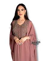 AWAIS HOUSE Robe longue de soirée élégante et modeste pour femme, coupe trapèze, en mousseline 100% polyester, col en V, ornée de perles, style kaftan simple