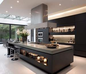 Cocina Modular Negra de Lujo con Isla Grande, Gabinetes con Acabado Mate, Electrodomésticos Integrados, Iluminación LED Cálida e Interior Premium - Product Image 1