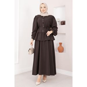Ensemble deux pièces style club marron café, jupe boutonnée et hauts de sport longs, coupe ajustée, en tricot de coton imprimé XL pour l'été - Product Image 4