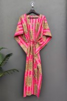 Kaftan en coton imprimé tigre rose fait à la main pour femmes taille libre longue robe de plage été Bikini haut enveloppant longueur au sol naturel