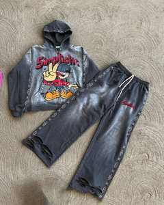 Ensemble sweat-shirt et pantalon de survêtement de style grec, vêtements de détente graphiques simplistes, jogging délavé, streetwear hip-hop - Product Image 1