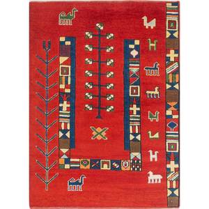 Alfombra de Lana Anudada a Mano de Gran Tamaño Nuray Pae-278, Patrón Geométrico Abstracto para Entrada, Pasillo, Rectangular 9x12'', Rojo Naranja - Product Image 1