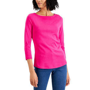 Haut décontracté pour femme Charter Club, col bateau, boutons aux épaules, rose, en coton Pima et tricot satiné, logo brodé, tailles S et XL - Product Image 1