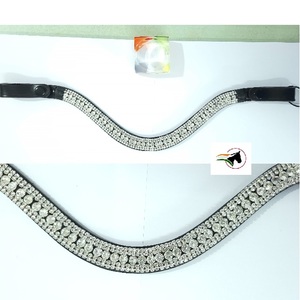 Banda Frontal de Cuero Genuino para Caballos de Carrera Ingleses de Lujo, Color Fucsia, Diseño Ondulado, Cristales Transparentes, Bucle con Botón a Presión para Caballos Indios - Product Image 1