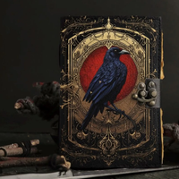 Carnet en cuir gothique vintage de 400 pages imprimées, motif corbeau, sorcellerie, animaux, fleurs, Grimoire des ombres et des sorts, fait main, couverture rigide
