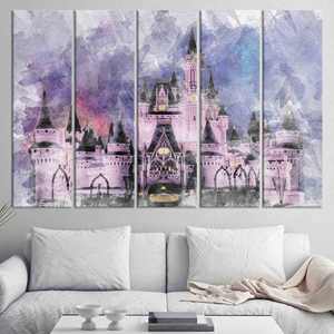 Décoration murale sur toile imprimée avec paysage de château moderne - Cadeau élégant pour la maison, lot de 5 toiles - Product Image 1