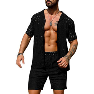 Conjunto de dos piezas activo para hombre, camisa informal de manga corta con pantalones cortos, ajuste relajado, ideal para entrenamiento físico y uso diario - Product Image 1
