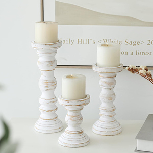 Premium Hand Carved Mango Wood <b>Pillar</b> <b>Candle</b> <b>Holder</b> Set of 3 Rustic White Decorative Wooden Tabletop <b>Candle</b> Stands Cheap Price - Product Image 6