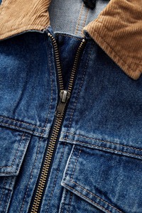 Women Denim Trucker Jacket With Corduroy Collar <b>Zipper</b> Front Full Sleeve Short Length Autumn Style - Product Image 4