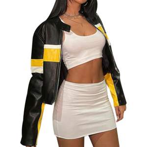 Venta al por mayor de moda de manga larga recortada mujeres chaquetas de moto por encargo Patchwork amarillo rayas mujeres chaqueta de cuero - Product Image 4