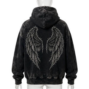 Sweat-shirt à capuche vintage noir délavé pour homme avec motif ailes et fil barbelé, coupe oversize, style streetwear, pour tenue décontractée - Product Image 2