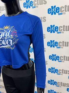 T-shirt bleu royal pour femme, haut court, manches longues, boutons, appliques, décoration, logo personnalisé, coton respirant, nombril exposé, haut ras du cou - Product Image 6