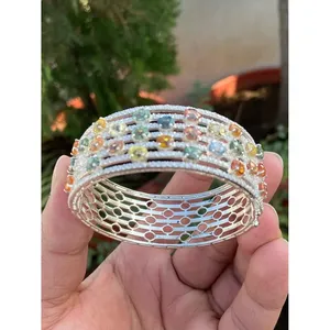 925 Silver Fine <b>Bangle</b> <b>Bracelet</b> with Multi-Sapphires - Product Image 3