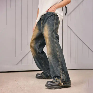 Nouveau jean ample à jambe large à effet délavé antique élégant pour hommes Taille haute Coupe ajustée Streetwear OEM Jeans pour hommes - Product Image 3