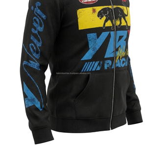 Sweat-shirt décontracté pour homme Young Blood Racing, à fermeture éclair sur le devant, imprimé, en polyester noir, avec logo panthère et manches bleues - Product Image 6