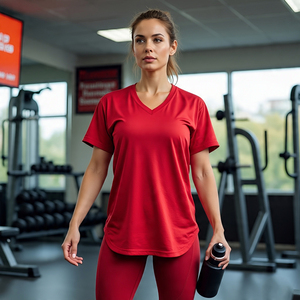 Mujeres Jogging verano gota hombro camiseta 100% algodón poliéster cuello en V camiseta Top señoras Oversize manga corta Camiseta Mujer - Product Image 4