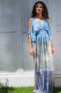 Robe de mariée kaftan féerique à manches longues Tye Dre, taille XS, logo personnalisé, taille naturelle, 100 % coton, col en V, silhouette trapèze, été - Product Image 4