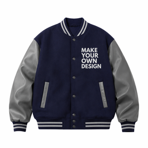 Custom Varsity <b>Jacket</b> <b>Men's</b> Navy Blue PU Leather Sleeve <b>Letter</b> Print Casual Autumn Wear Turn-down Collar Regular Fit - Product Image 1