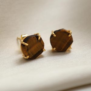 8-10mm Raw Tiger Eye Stone Gold Plated Prong Set <b>Stud</b> <b>Earrings</b> Handmade Birthstone Dainty Minimalist Jewelry for Women - Product Image 1