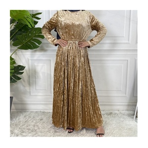 Autumn Winter Elegant Modest Muslim Dress Dubai Turkish Causal Outfits; Linen Satin Pleated Velvet; Solid Color Abaya <b>Kaftan</b> - Product Image 2