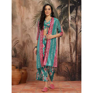 Conjunto de Dos Piezas para Mujer, Top Verde Satinado Estampado con Mangas Tres Cuartos y Cuello con Lazo, Estilo Club, para Primavera/Verano - Product Image 3