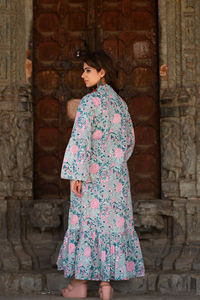 Cómodo vestido de longitud media para mujer 100% algodón indio bloque de mano impreso elegante manga completa botón decoración Casual - Product Image 3