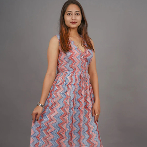 New Cotton Summer Wear Traditional Red Anarkali V-neck Sleeveless Formal Maxi A-line Floral Tier <b>Dress</b> - Product Image 1