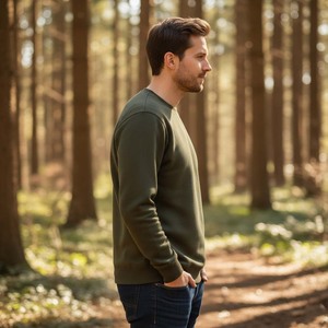 Sweat-shirt d'hiver à col rond en molleton français de haute qualité, texture bouclée, dégradé de brun sable olive, uni, sans capuche, 100% coton - Product Image 3