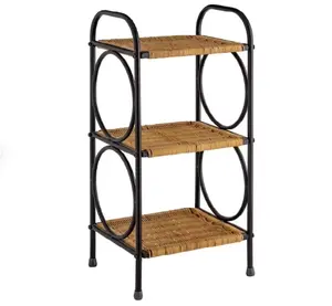 Prateleira de efeito de rattan 3 tier, decorativa chique e minimalista, armação preta, boho, sala de estar, móveis