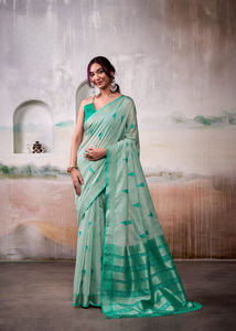 Saree de créateur extensible écologique en coton et soie Aqua léger de style ethnique avec chemisier pour toutes les occasions Inde - Product Image 5