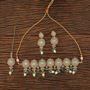 Artificial Export Gold Plated Antique Handmade <b>Choker</b> Style Monalisa Stone <b>Necklace</b> Set in India - Product Image 3