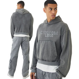 2026 invierno lavado ácido personalizado cómodo hombres Joggers conjuntos ácido lavado Logo con capucha entrenamiento ropa deportiva patrón sólido chándal - Product Image 1